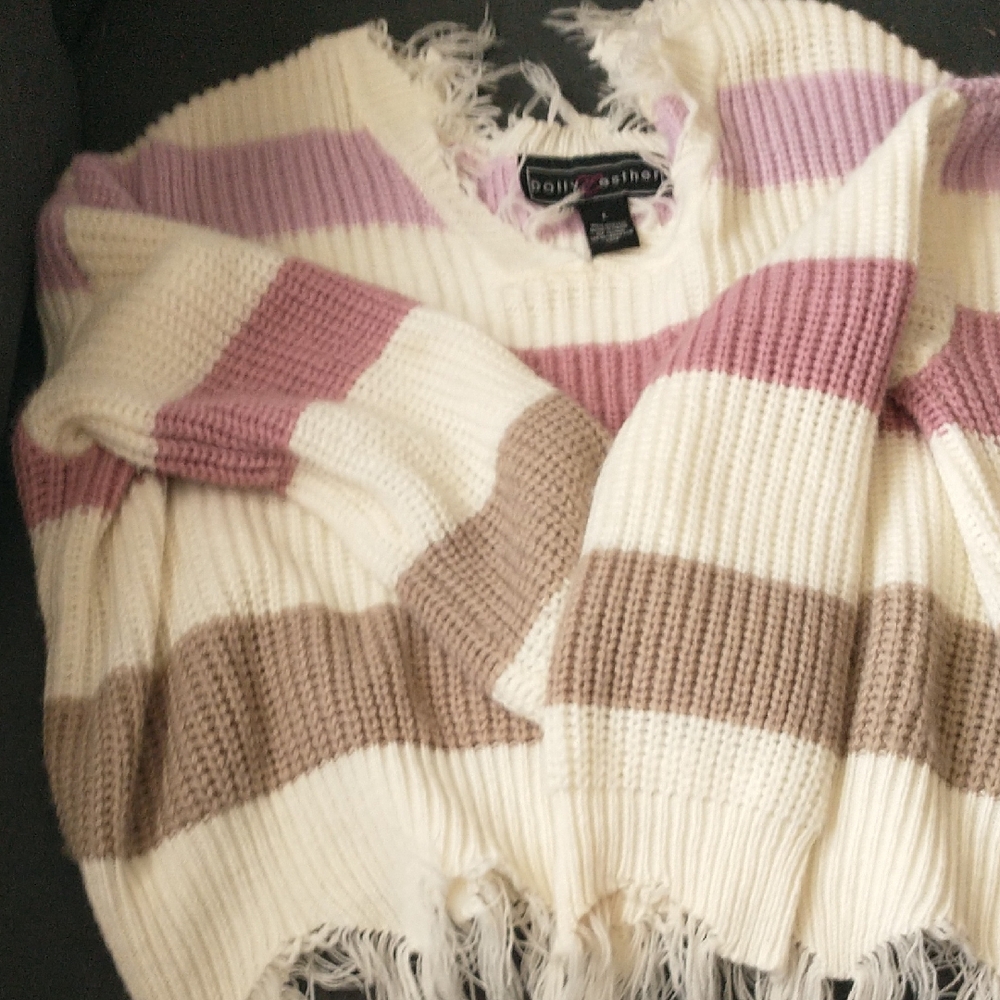 Polly & Esther Striped Sweater - Cream, Pink, and Brown, Distressed